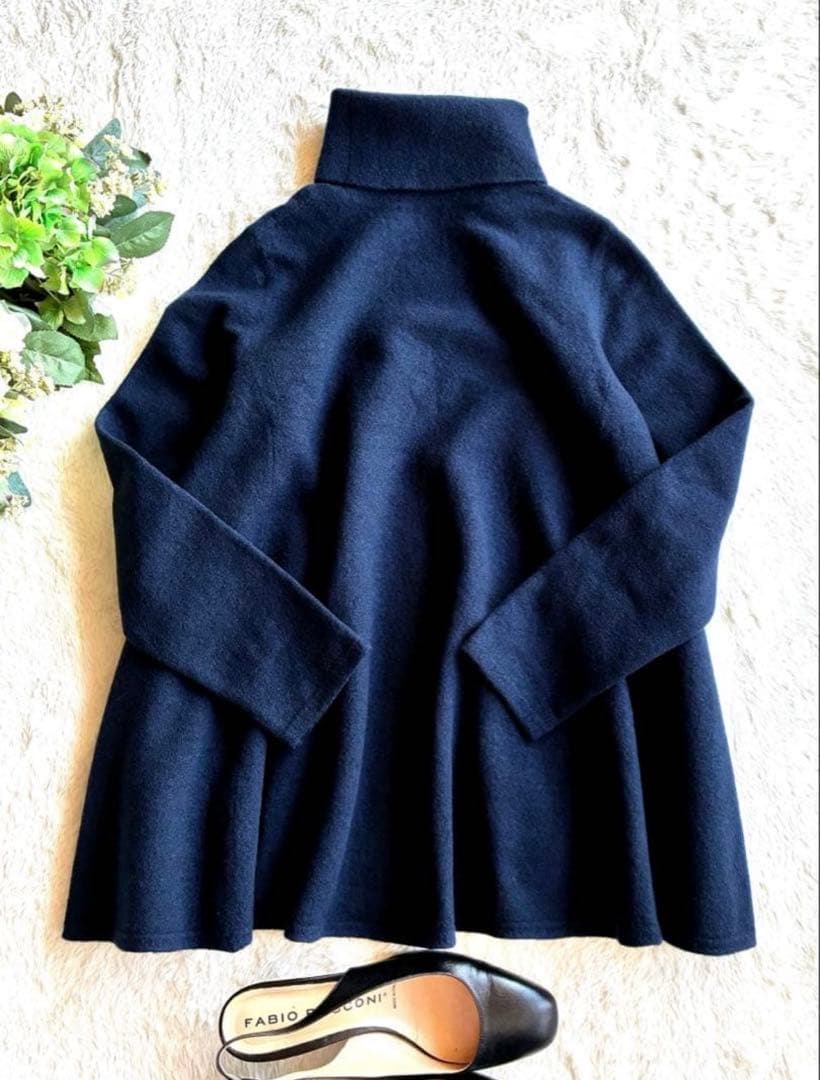 45R ウール100％ フロート縮絨ハイネックニットフレアチュニック極美品