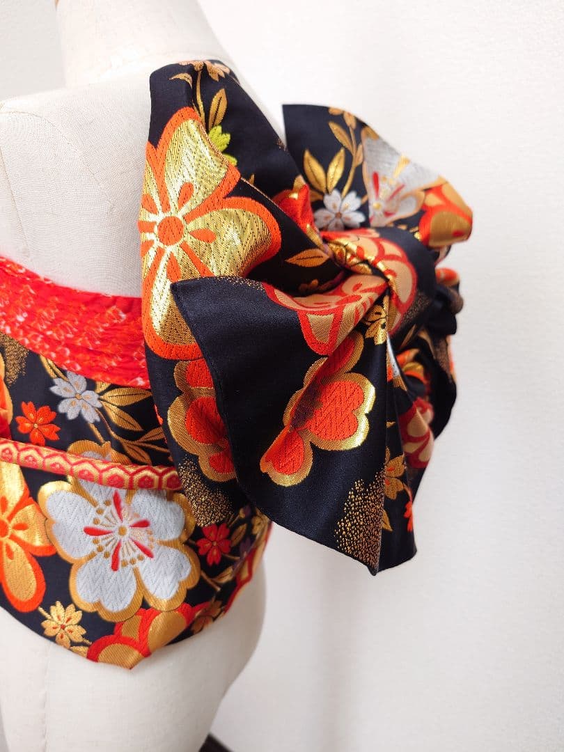 七五三　ハーフ成人式　ジュニア帯　袋帯からの作り帯　1点物　黒　花柄