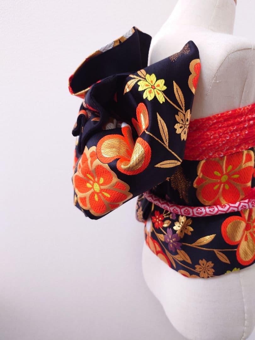 七五三　ハーフ成人式　ジュニア帯　袋帯からの作り帯　1点物　黒　花柄