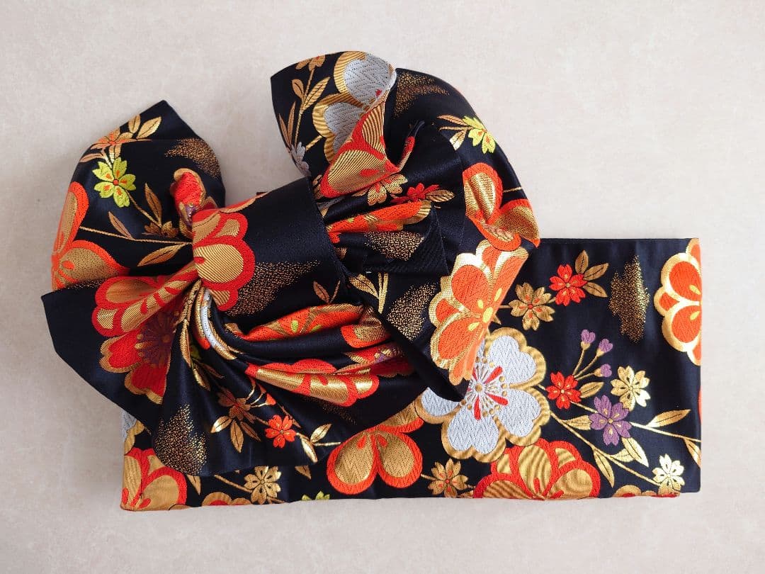 七五三　ハーフ成人式　ジュニア帯　袋帯からの作り帯　1点物　黒　花柄