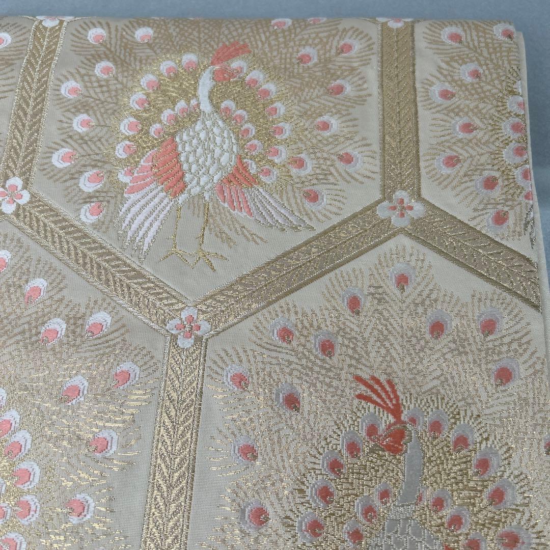 【純金箔錦 亀甲孔雀文】孔雀刺繍 六通柄袋帯 シルク製0105