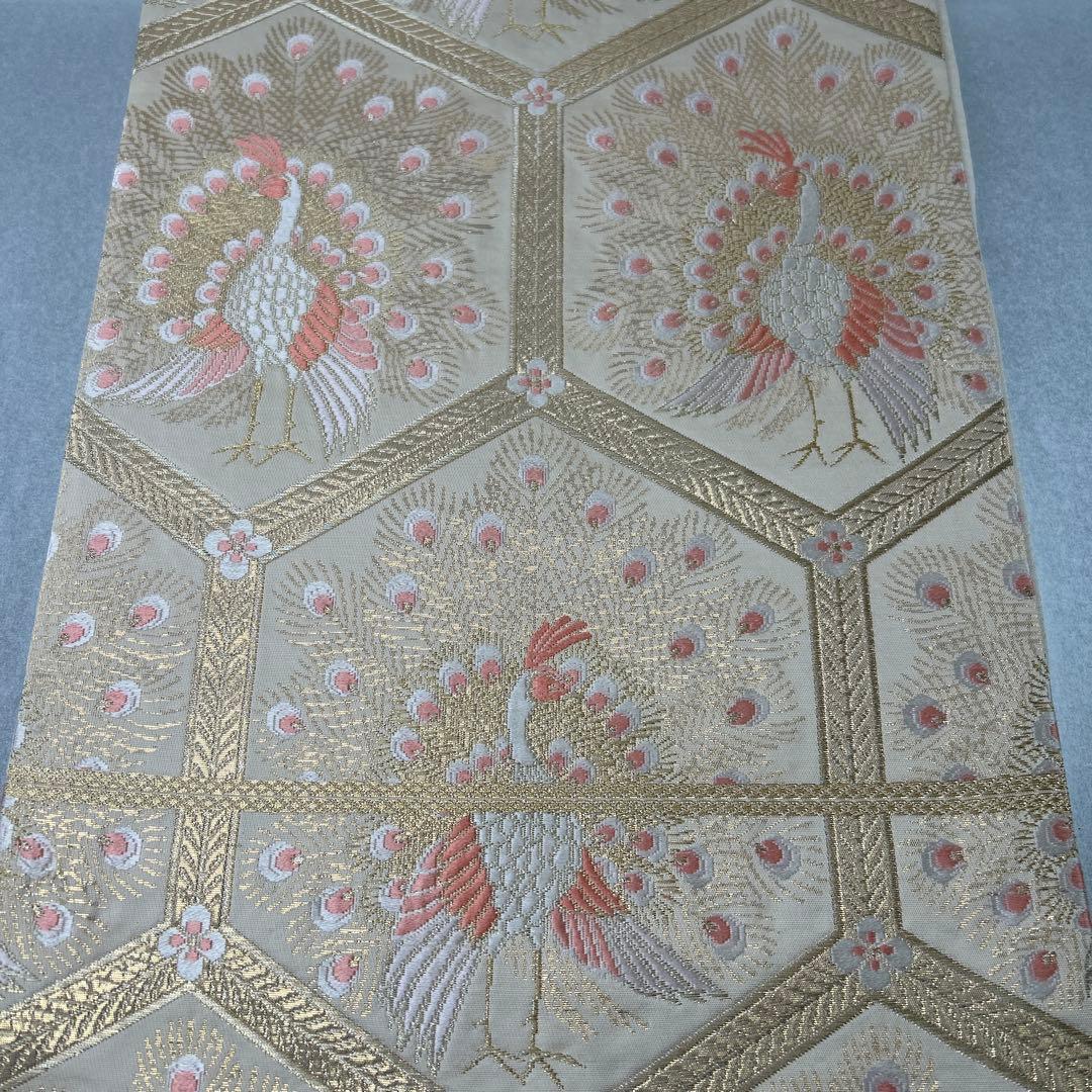 【純金箔錦 亀甲孔雀文】孔雀刺繍 六通柄袋帯 シルク製0105