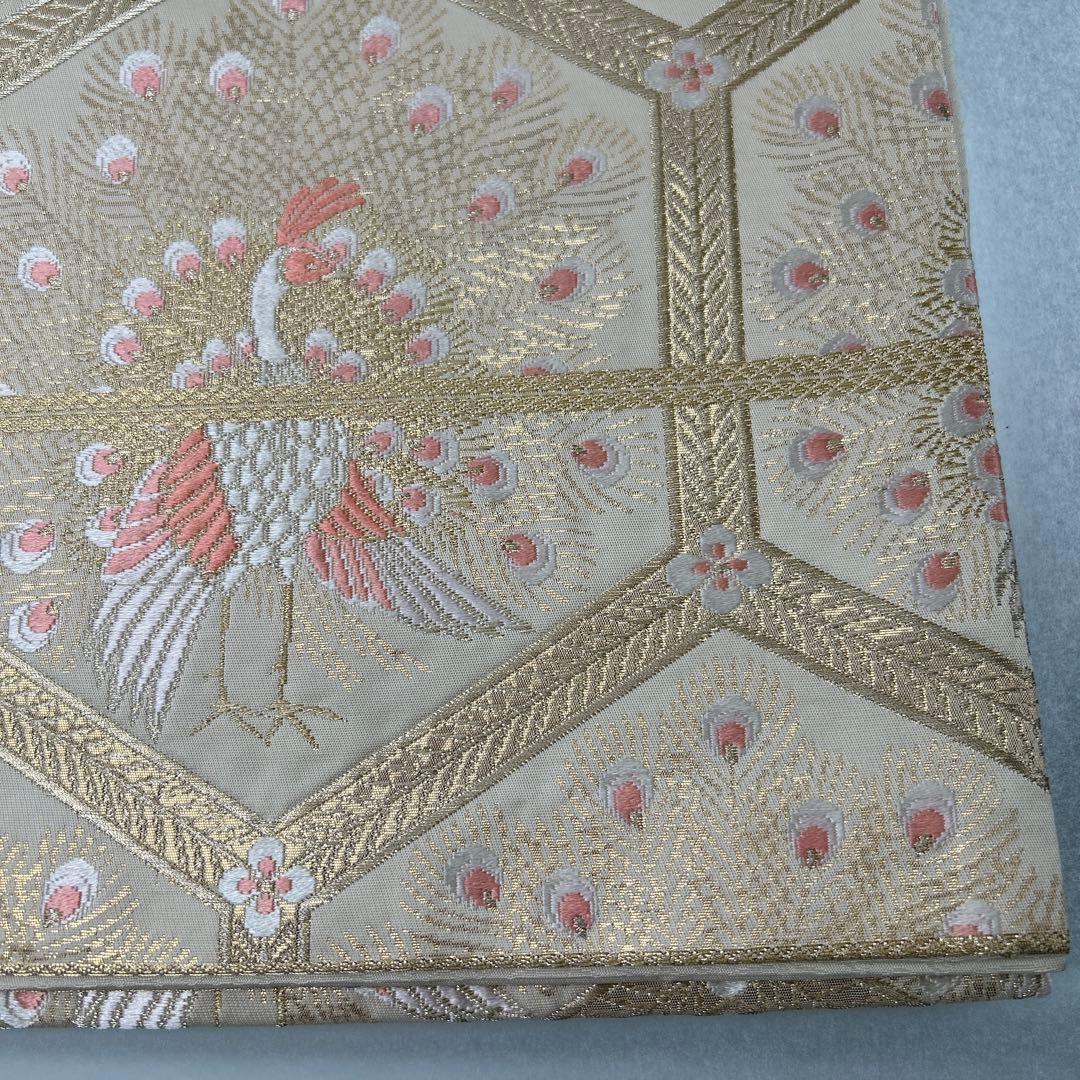 【純金箔錦 亀甲孔雀文】孔雀刺繍 六通柄袋帯 シルク製0105