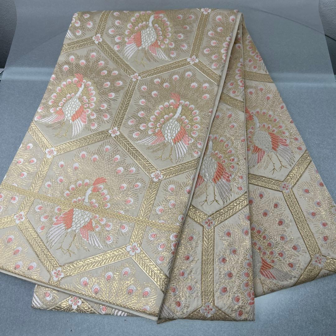 【純金箔錦 亀甲孔雀文】孔雀刺繍 六通柄袋帯 シルク製0105
