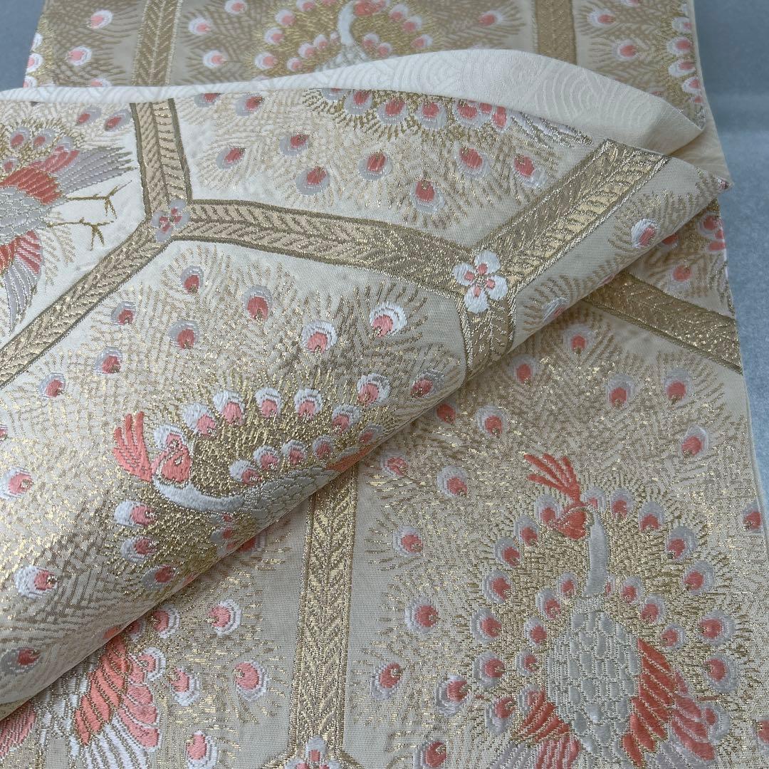 【純金箔錦 亀甲孔雀文】孔雀刺繍 六通柄袋帯 シルク製0105