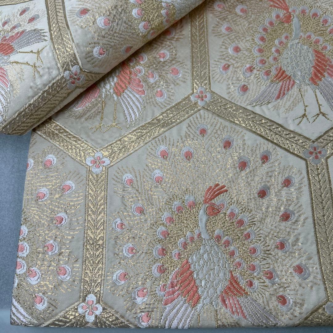 【純金箔錦 亀甲孔雀文】孔雀刺繍 六通柄袋帯 シルク製0105