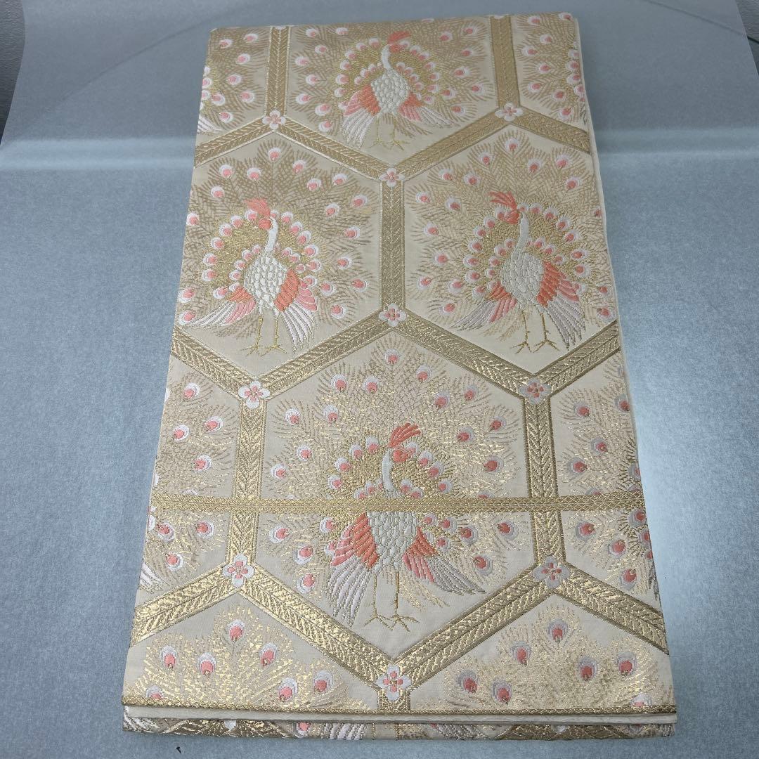 【純金箔錦 亀甲孔雀文】孔雀刺繍 六通柄袋帯 シルク製0105