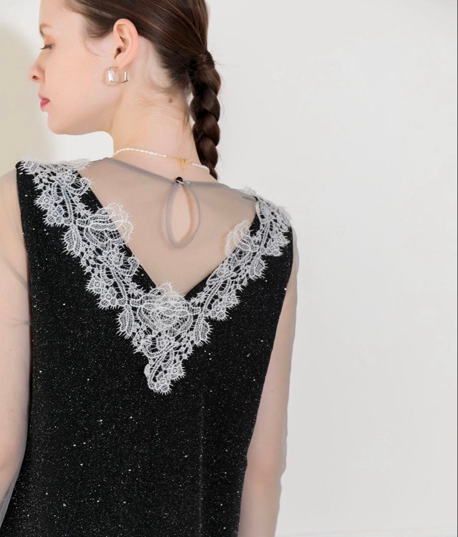 leja ラメ　レース装飾付きロングドレス　ブラック　ワンピース　オケージョン