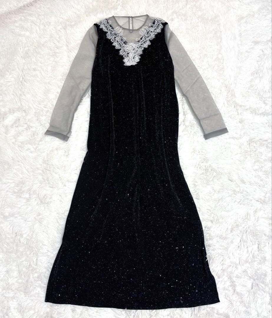 leja ラメ　レース装飾付きロングドレス　ブラック　ワンピース　オケージョン
