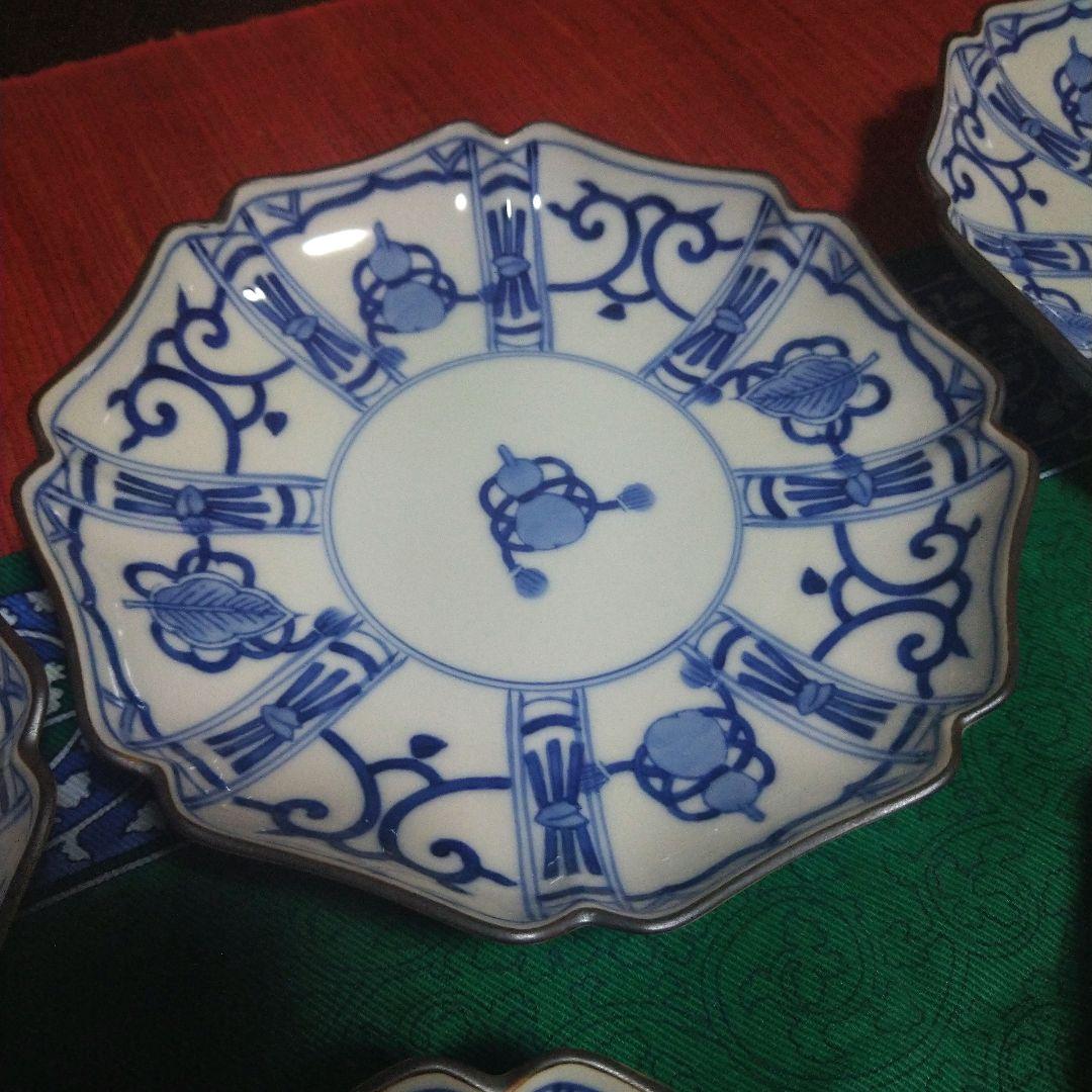 kurifu8008 九谷焼　中皿 5枚セット 染付 6寸 ひょうたん