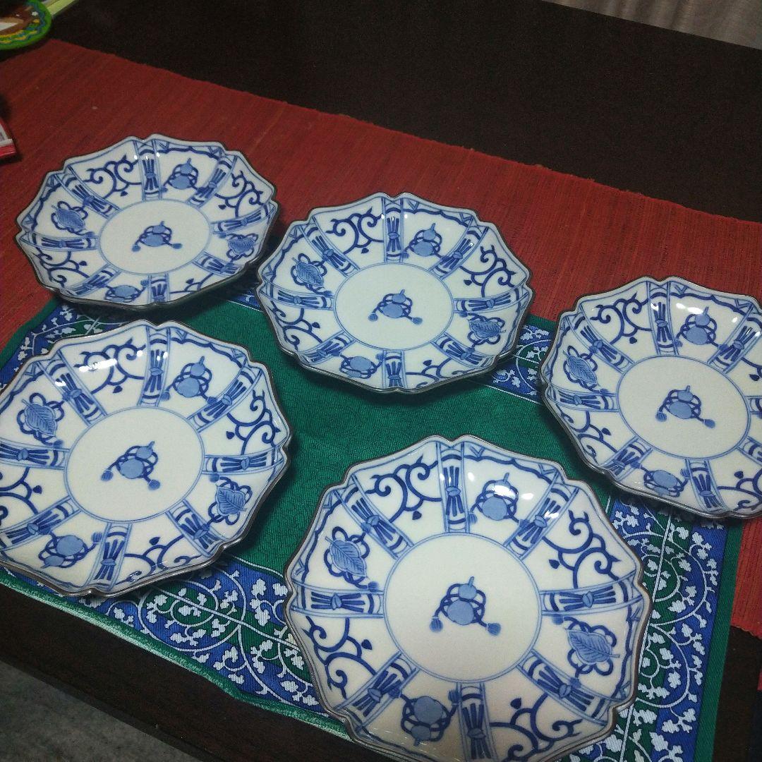 kurifu8008 九谷焼　中皿 5枚セット 染付 6寸 ひょうたん