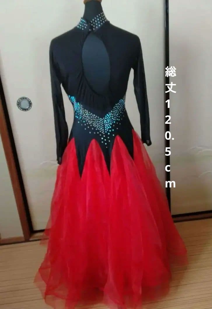 社交ダンス黒赤ドレス　L サイズ スパンコール装飾