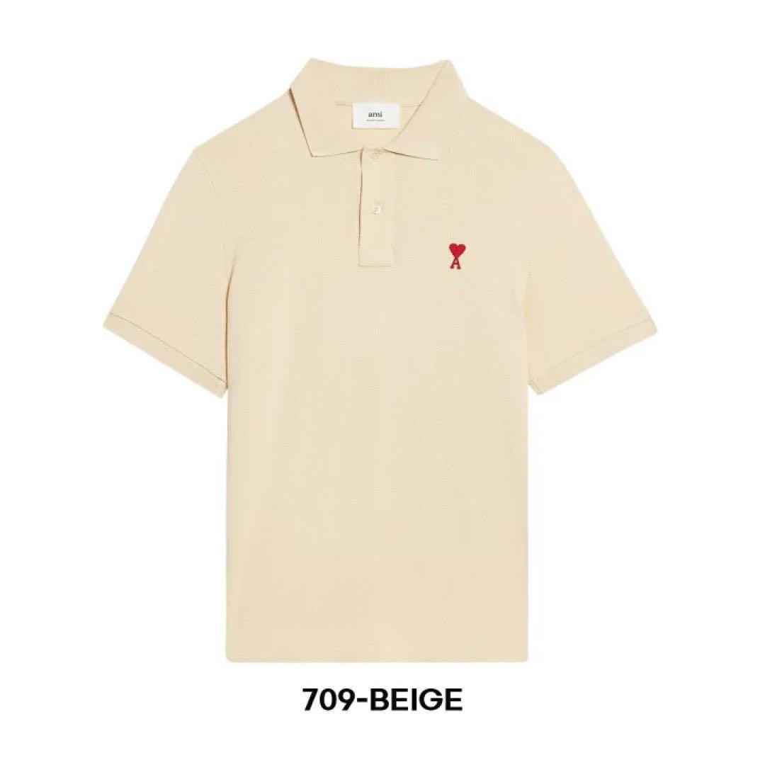 ami ベージュ ポロシャツ ハート刺繍