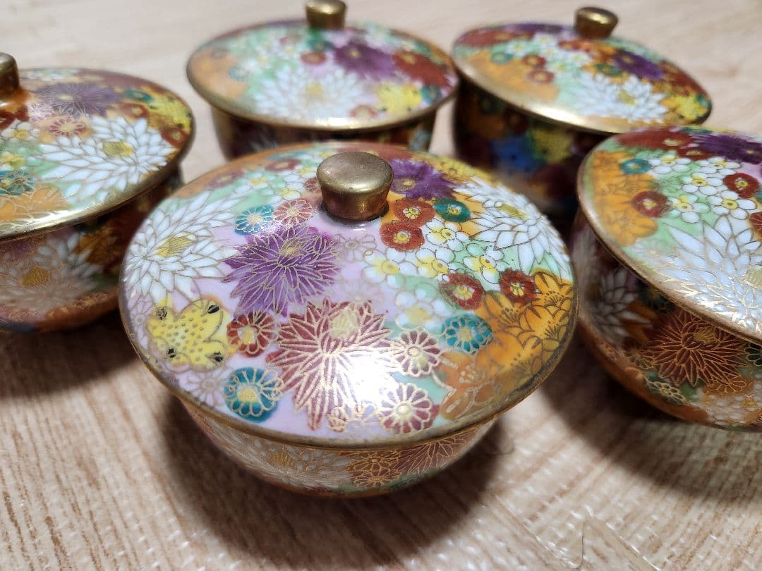 九谷焼 九谷光峰 花詰/菊詰 金彩 茶器揃 5客 湯呑茶碗/急須 食器