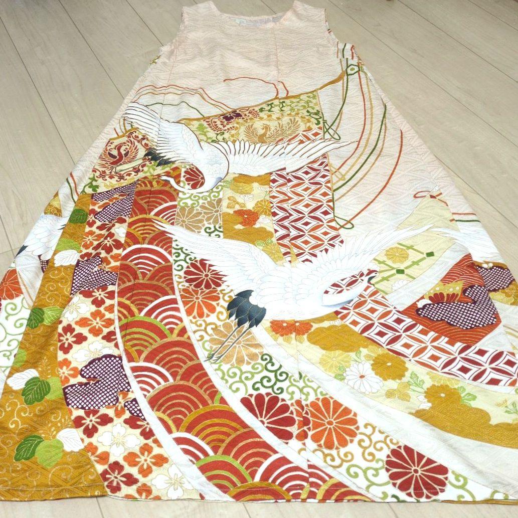 正絹 薄卵 舞鶴刺繍 吉祥 振袖ドレス