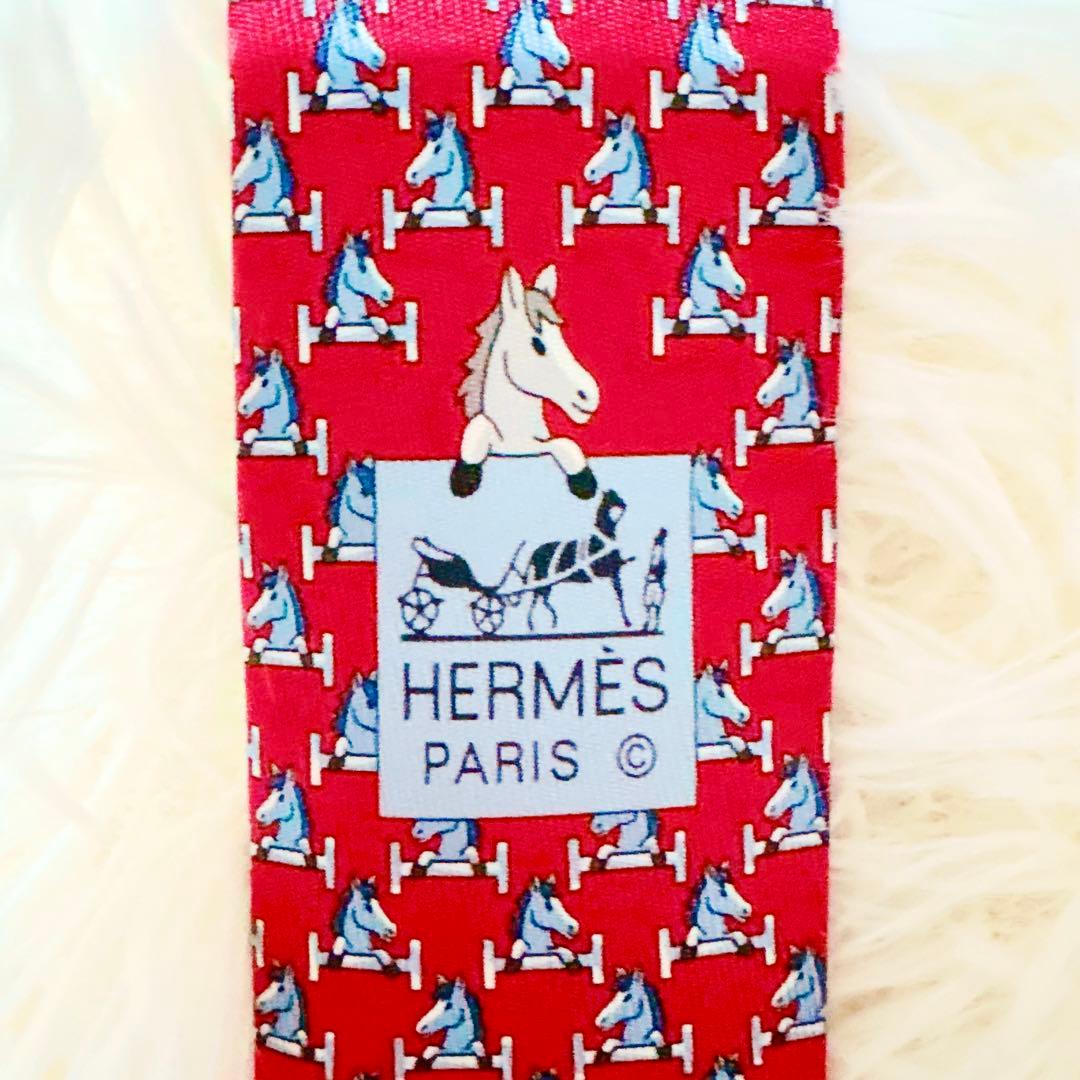 極美品】HERMES エルメス ネクタイ 馬 ホース 障害物 赤 レッド シルク