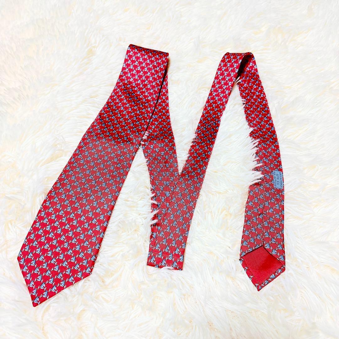極美品】HERMES エルメス ネクタイ 馬 ホース 障害物 赤 レッド シルク