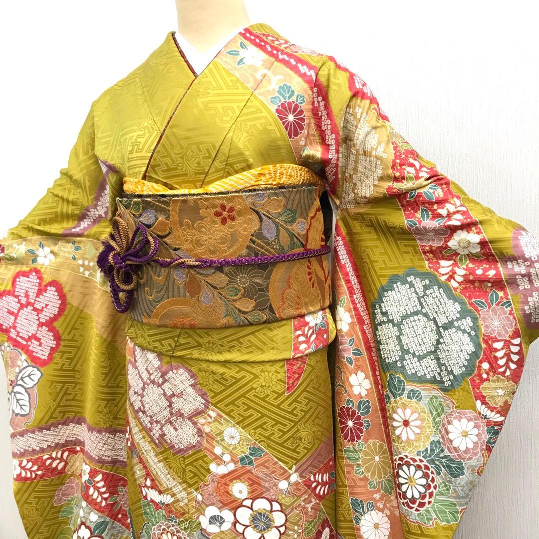 梅乃【102】正絹　振袖　古典　フルセット　三越　大人　熨斗に花丸紋