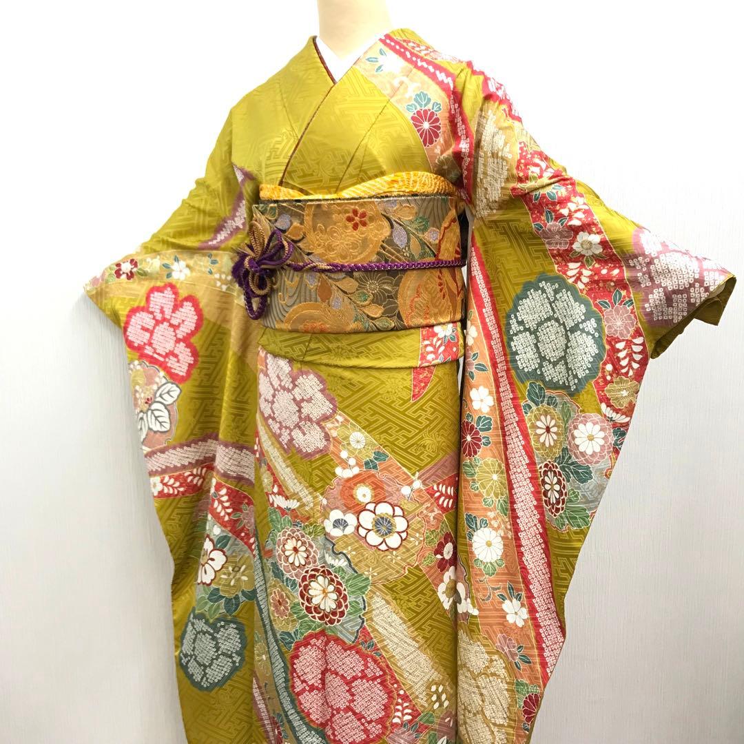 梅乃【102】正絹　振袖　古典　フルセット　三越　大人　熨斗に花丸紋