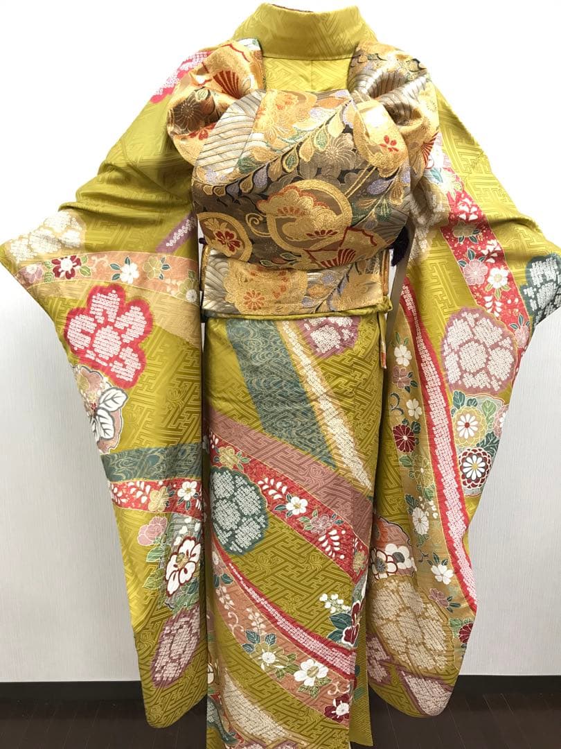 梅乃【102】正絹　振袖　古典　フルセット　三越　大人　熨斗に花丸紋