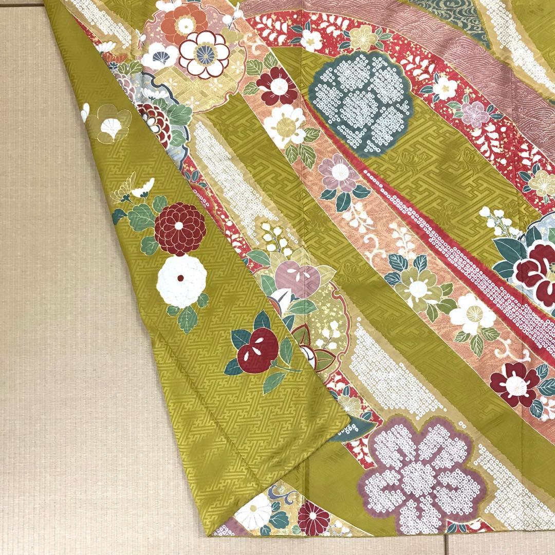 梅乃【102】正絹　振袖　古典　フルセット　三越　大人　熨斗に花丸紋