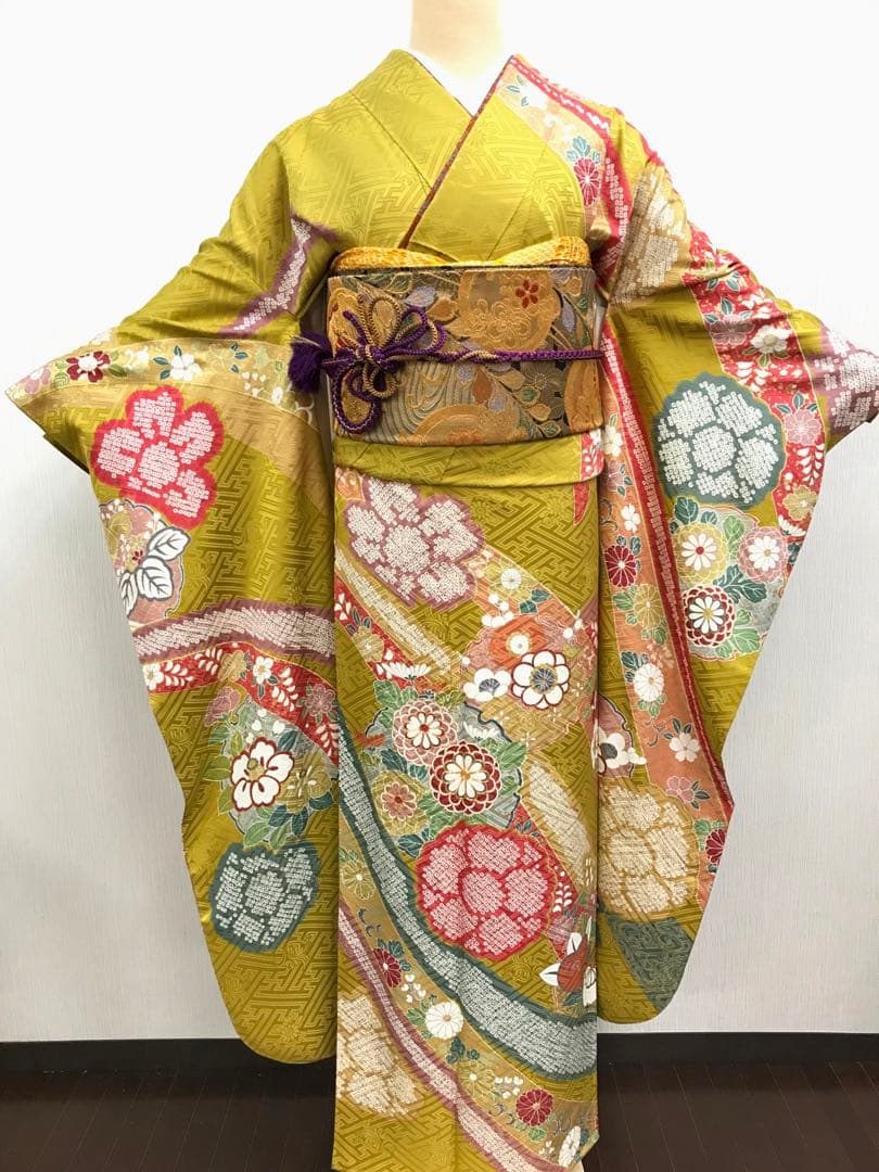 梅乃【102】正絹　振袖　古典　フルセット　三越　大人　熨斗に花丸紋