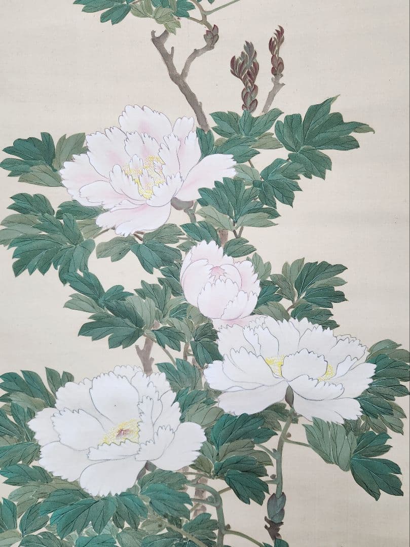 【牡丹に猫】竹川友廣 2667 ボタンとネコ 竹川友広 掛け軸 肉筆