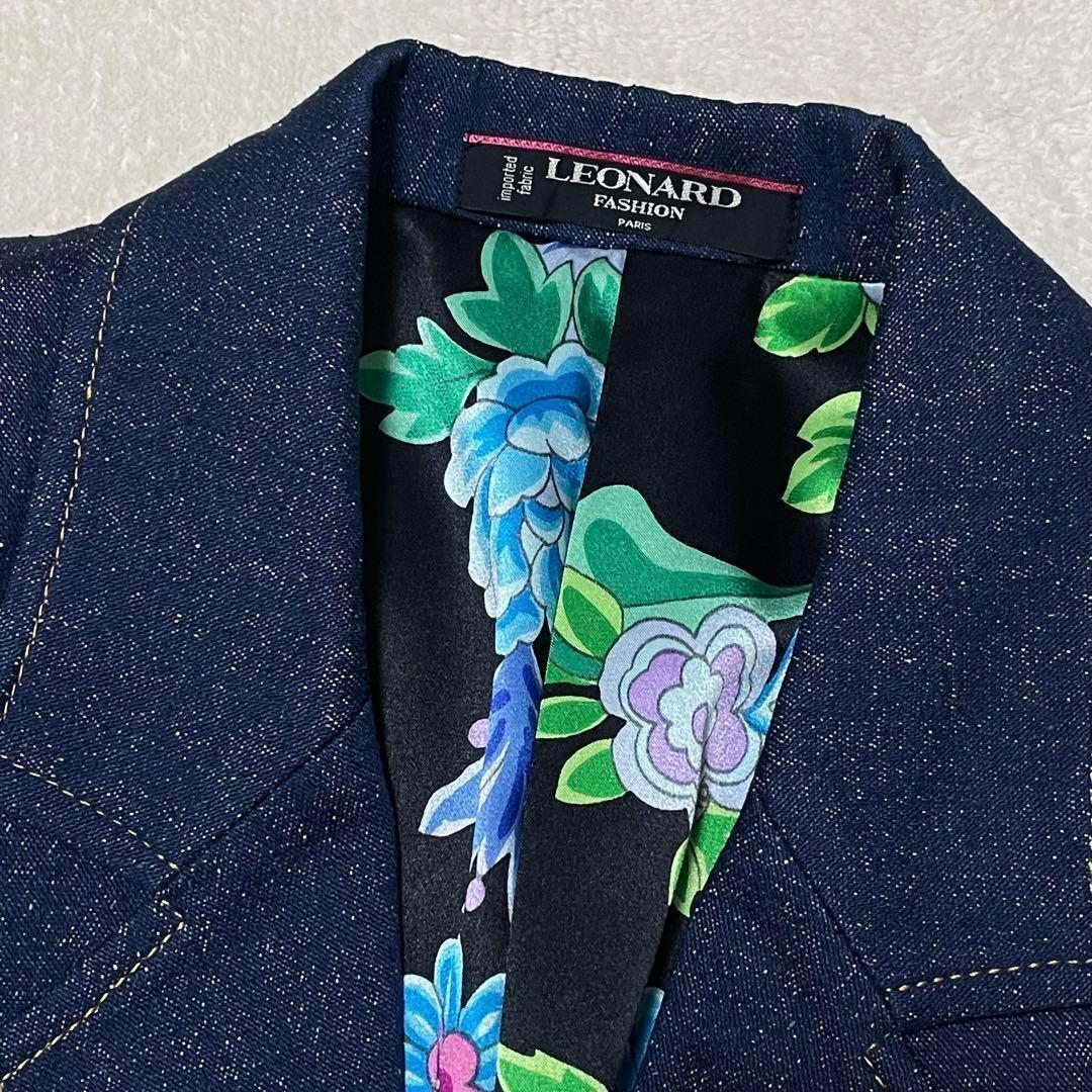 921 LEONARD チェスターコート 裏地花柄 ネップ加工 青 金ボタン L