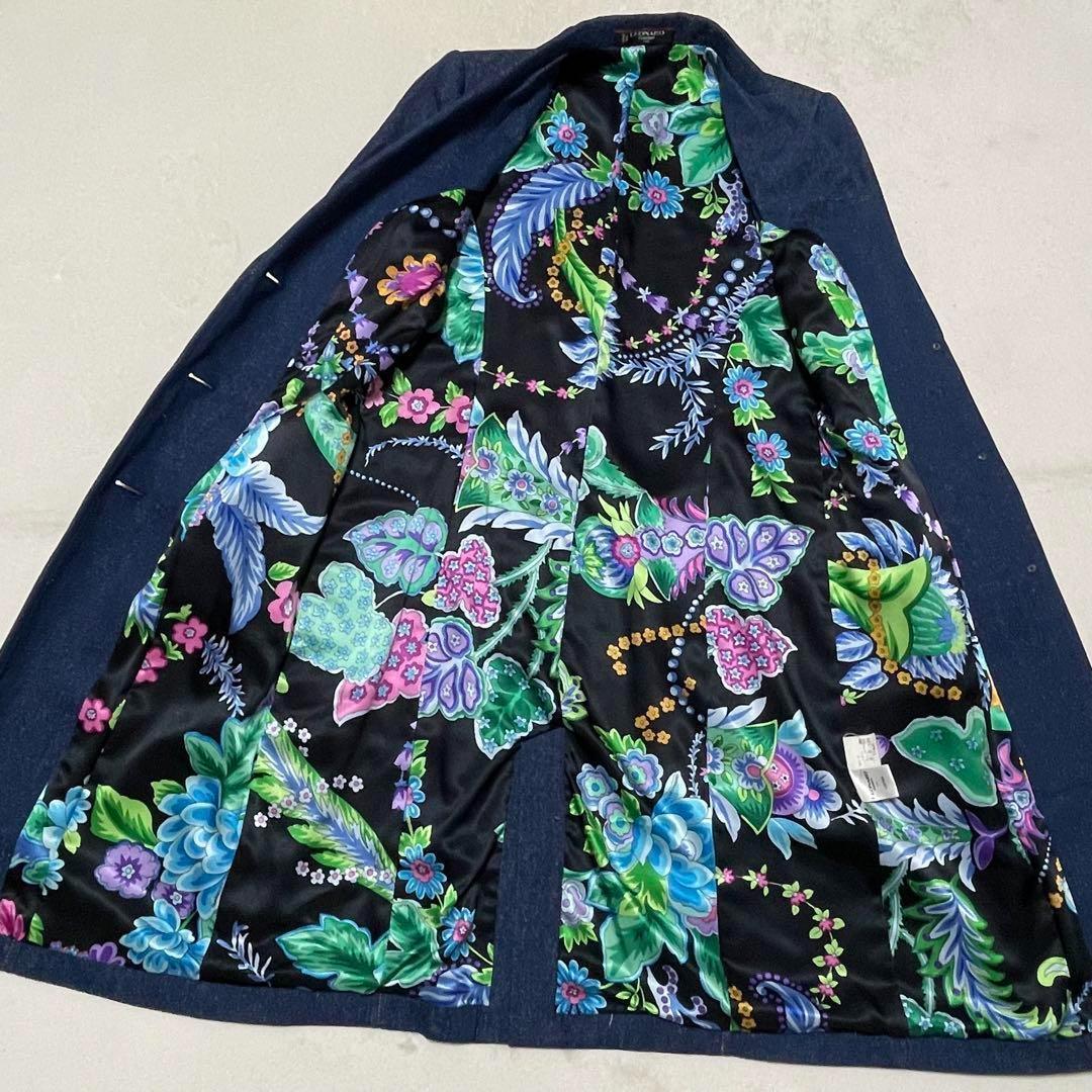921 LEONARD チェスターコート 裏地花柄 ネップ加工 青 金ボタン L