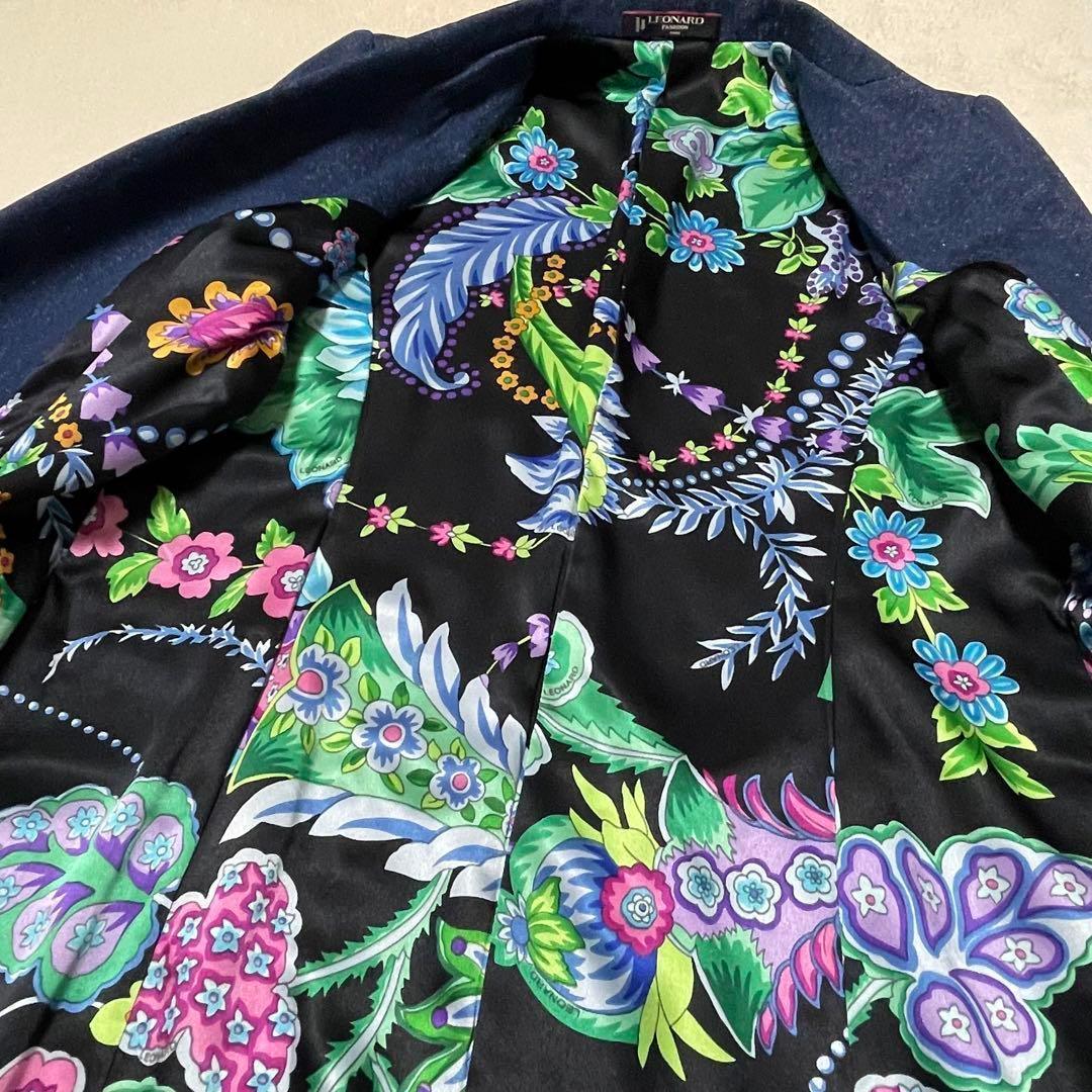 921 LEONARD チェスターコート 裏地花柄 ネップ加工 青 金ボタン L