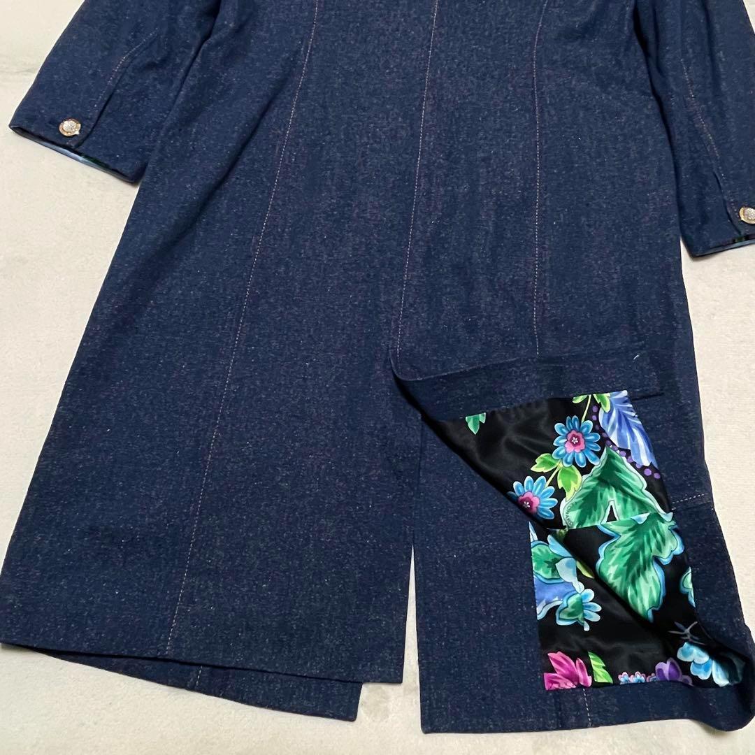 921 LEONARD チェスターコート 裏地花柄 ネップ加工 青 金ボタン L