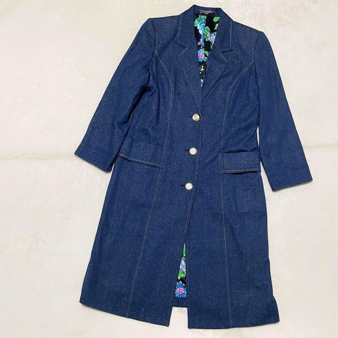 921 LEONARD チェスターコート 裏地花柄 ネップ加工 青 金ボタン L