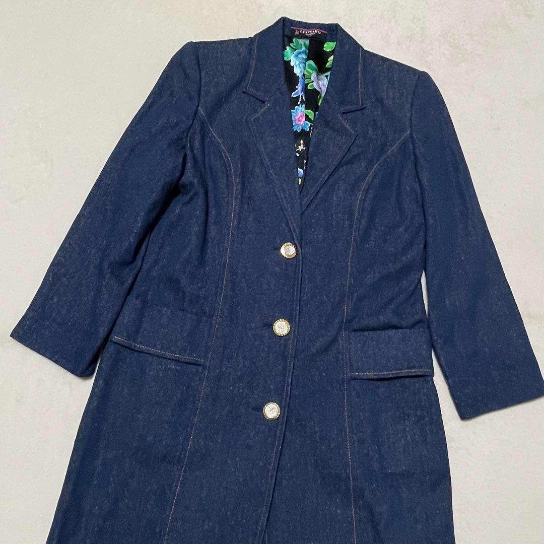 921 LEONARD チェスターコート 裏地花柄 ネップ加工 青 金ボタン L