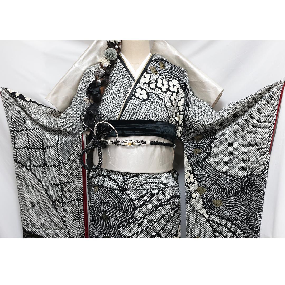 総絞り◆成人式◆振袖5点セット ◆163cmフルセット帯オマケ黒ブラック04Sh