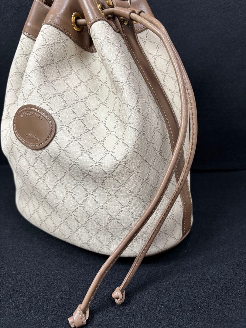 未使用級　ロンシャン　巾着型ショルダーバッグ　PVC レザー　バケット　ブラウン