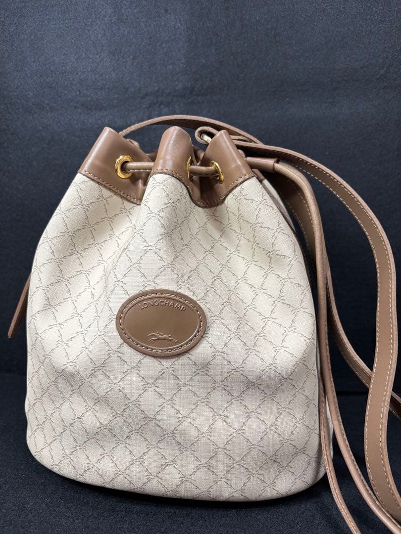 未使用級　ロンシャン　巾着型ショルダーバッグ　PVC レザー　バケット　ブラウン