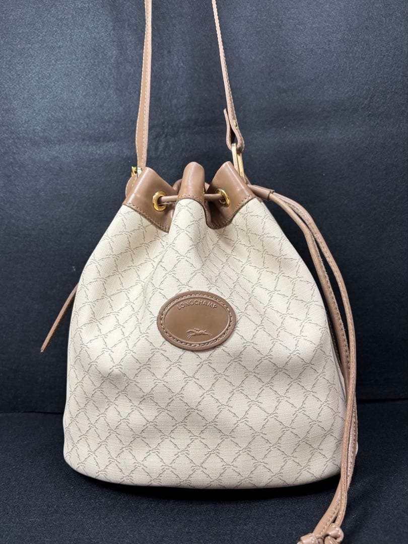 未使用級　ロンシャン　巾着型ショルダーバッグ　PVC レザー　バケット　ブラウン