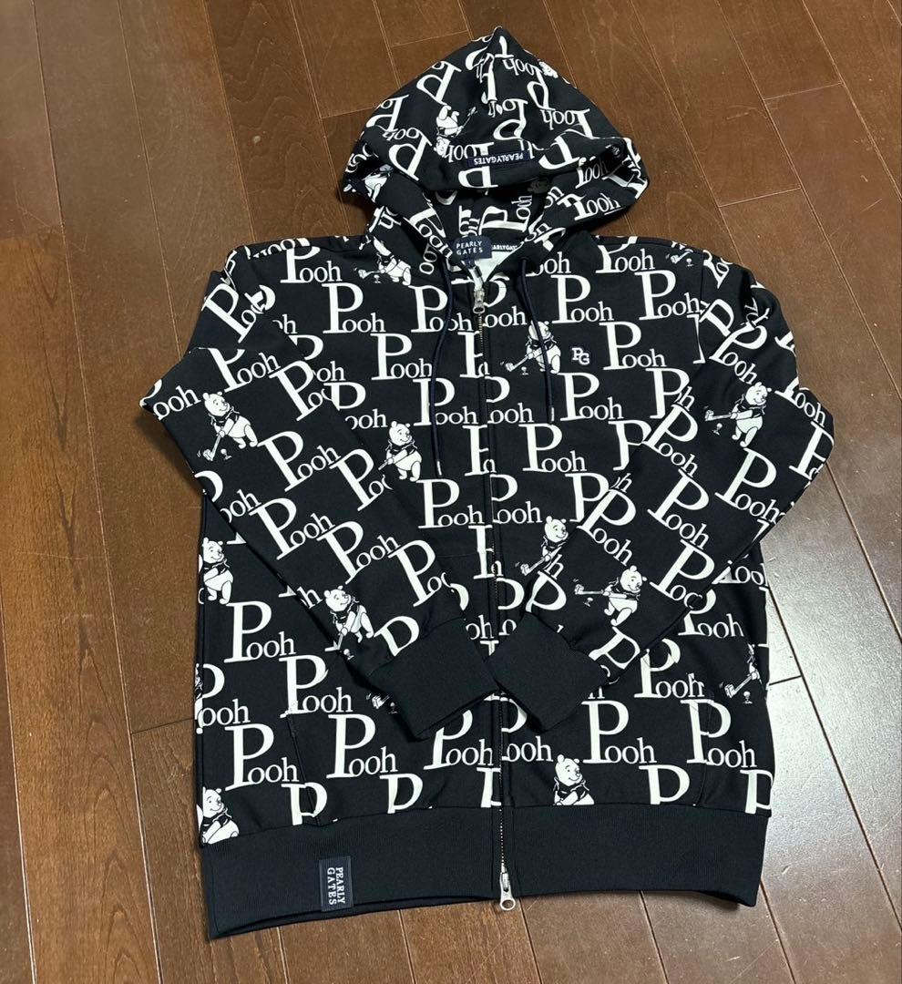 パーリーゲイツPGプーさんロゴプリント裏起毛パーカーブラックサイズ1