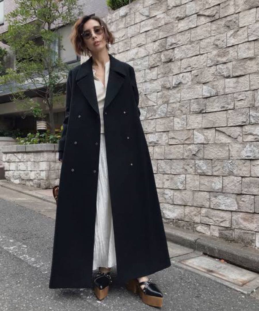 2601037 Ameri BELT FLARE LONG COAT ブラックS