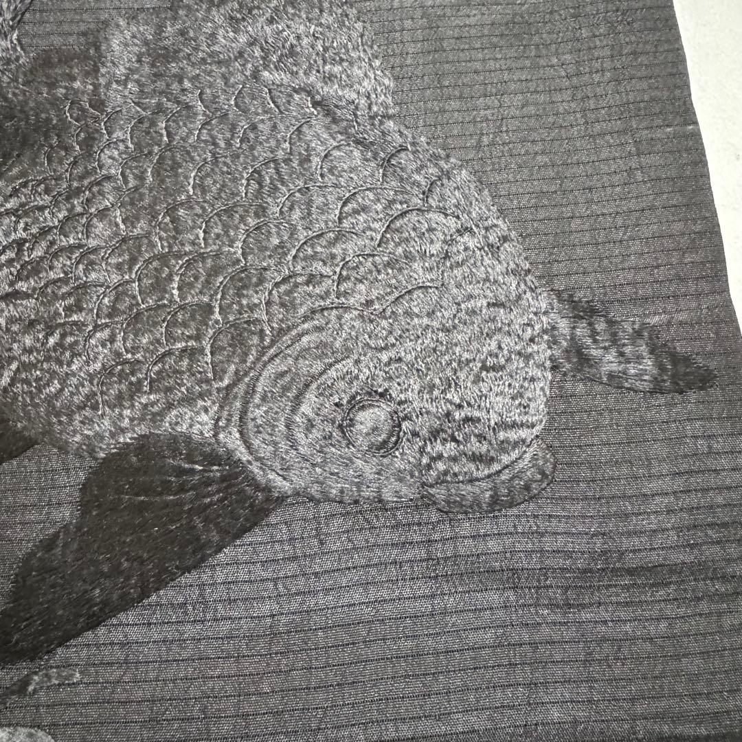 ゆ*う様 夏用 絽 名古屋帯 黒 黒糸　金魚　刺繍 裏太鼓　粋　要手直し　アンテ