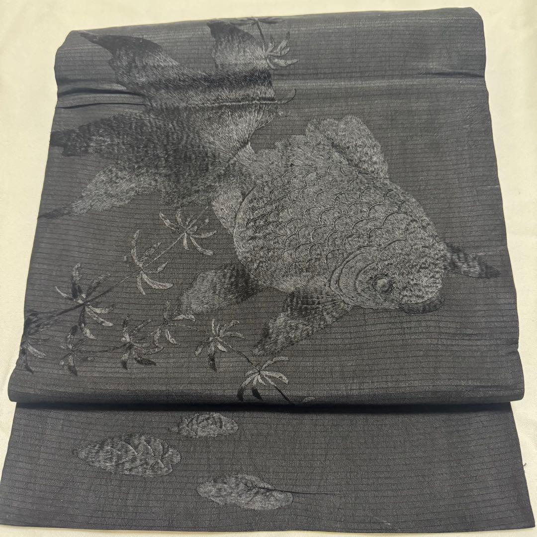 ゆ*う様 夏用 絽 名古屋帯 黒 黒糸　金魚　刺繍 裏太鼓　粋　要手直し　アンテ