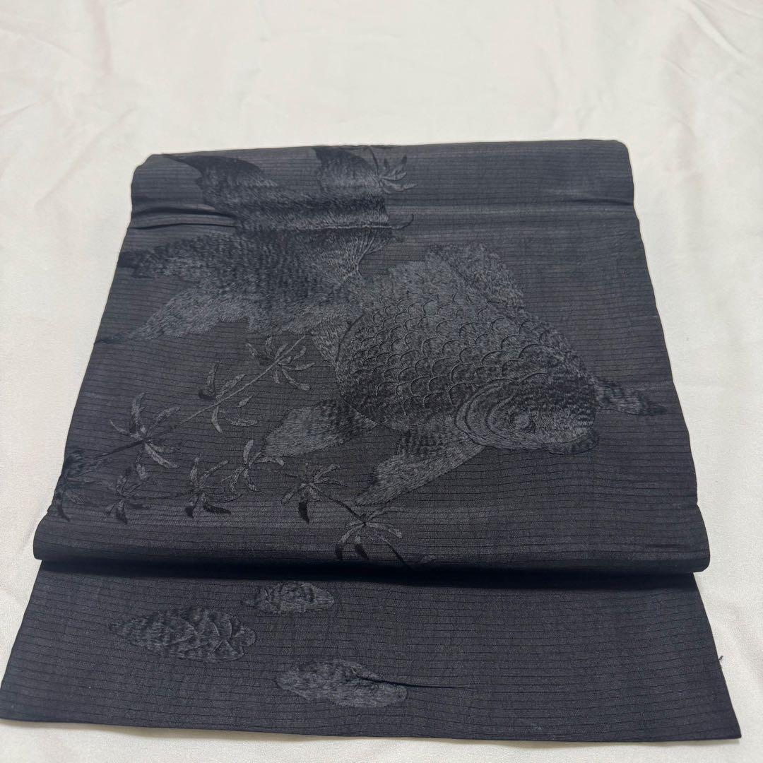ゆ*う様 夏用 絽 名古屋帯 黒 黒糸　金魚　刺繍 裏太鼓　粋　要手直し　アンテ