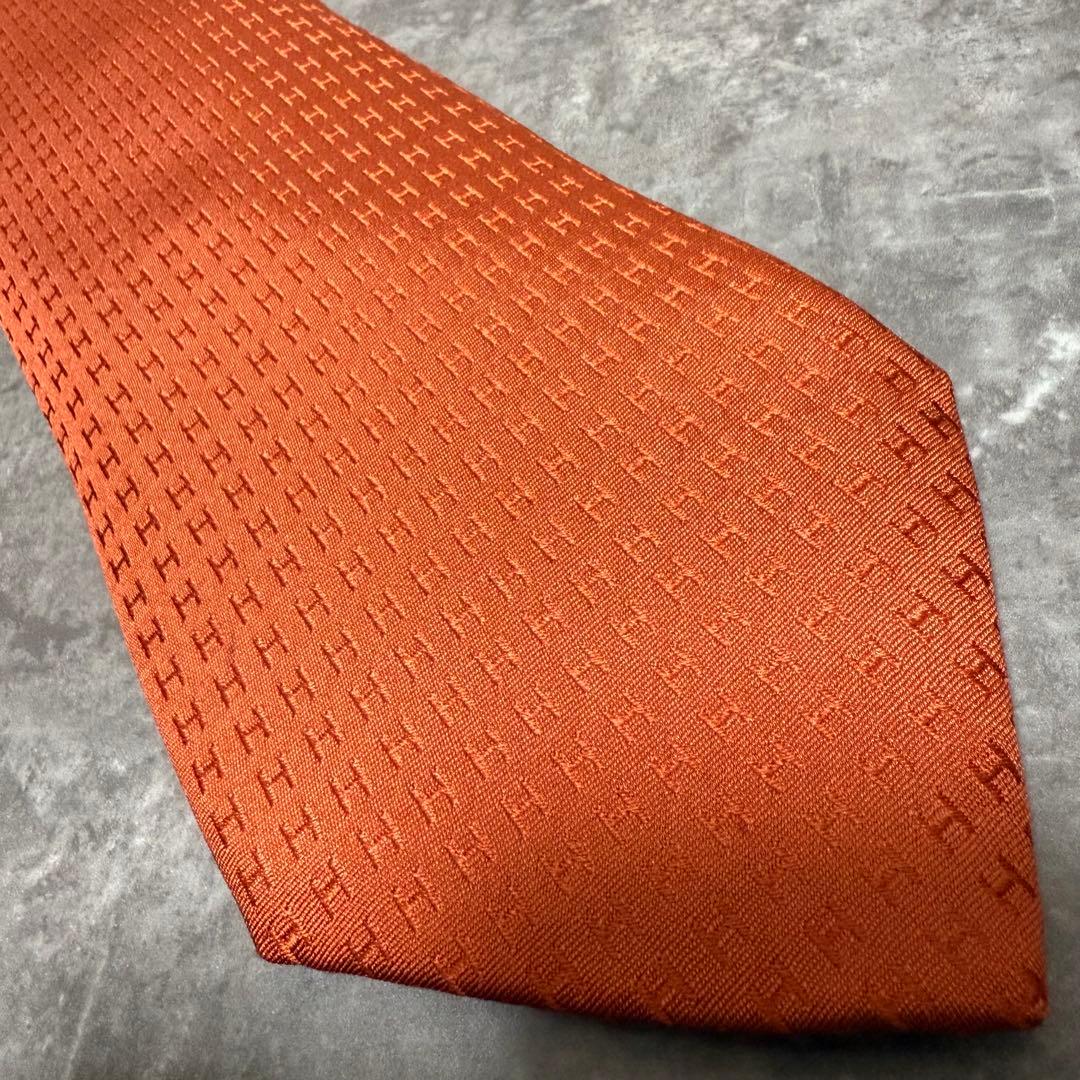 HERMES エルメス ネクタイ オレンジ ファソネ H柄 定番 王道 光沢