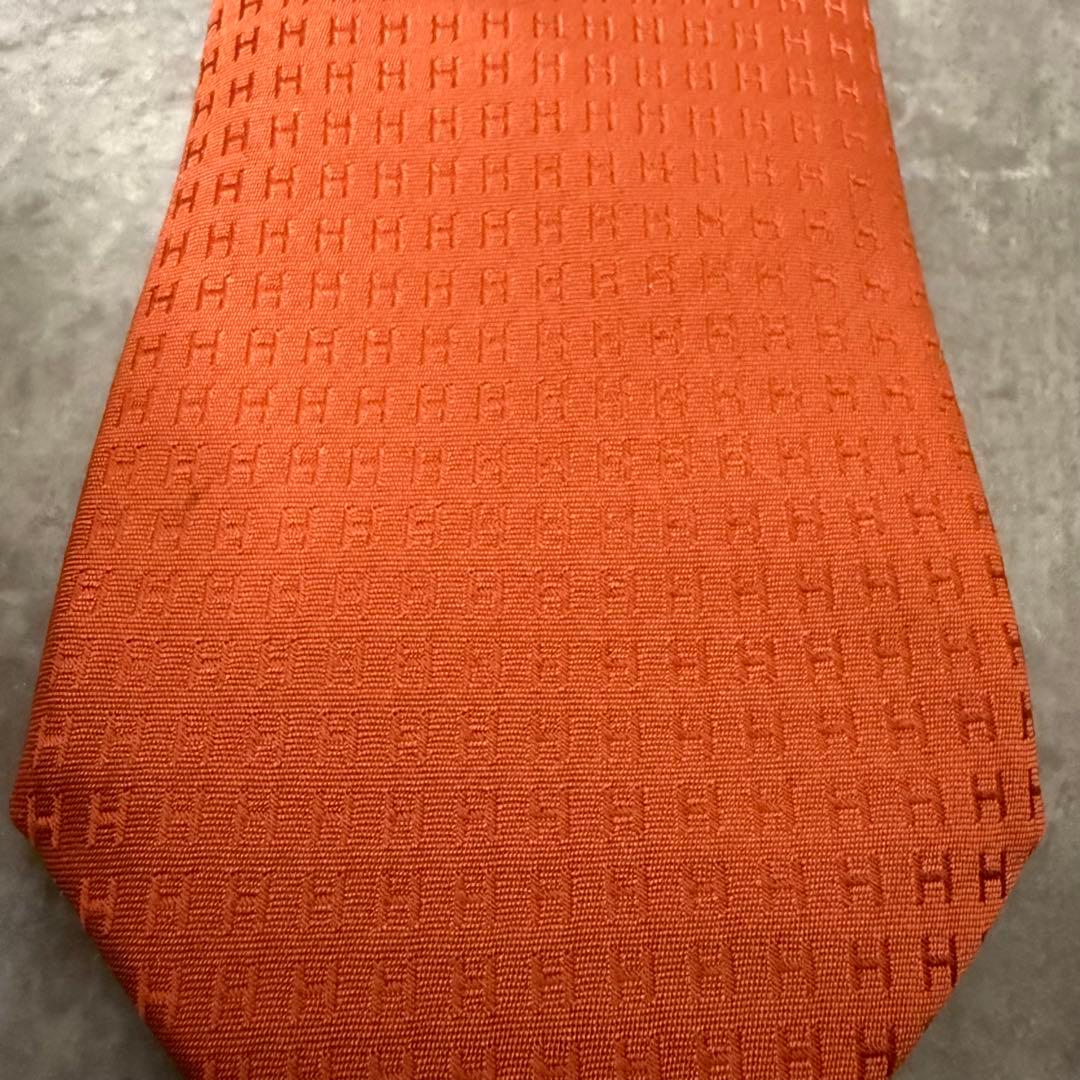 HERMES エルメス ネクタイ オレンジ ファソネ H柄 定番 王道 光沢