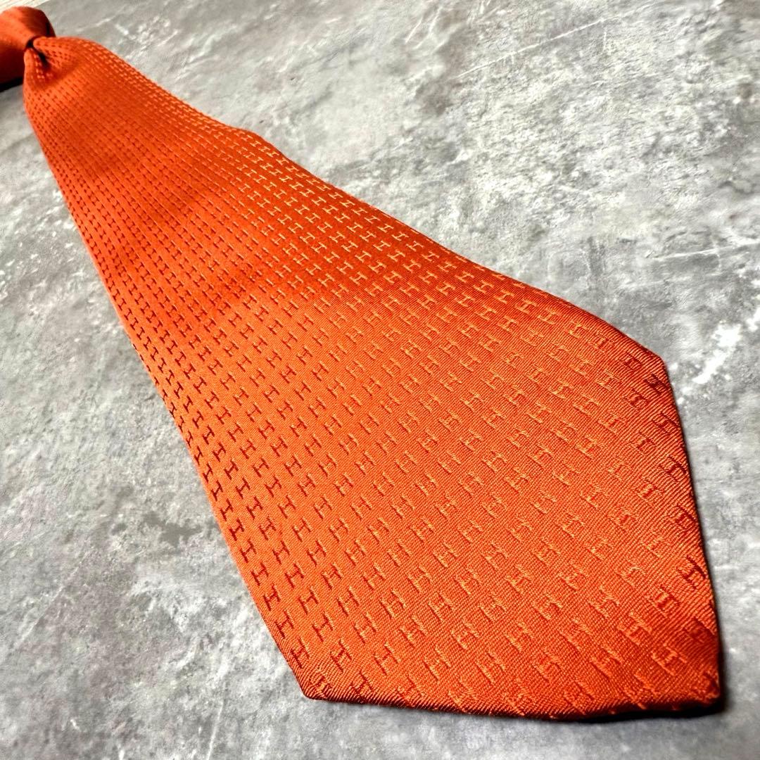 HERMES エルメス ネクタイ オレンジ ファソネ H柄 定番 王道 光沢