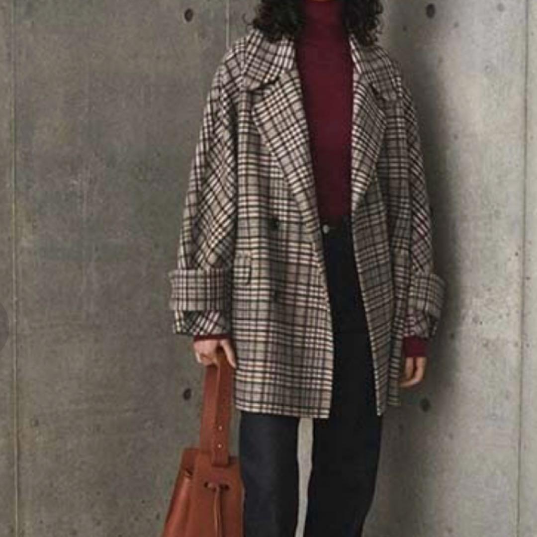 Mila Owen フラップポケットハーフ丈コクーン接結コート チェック柄