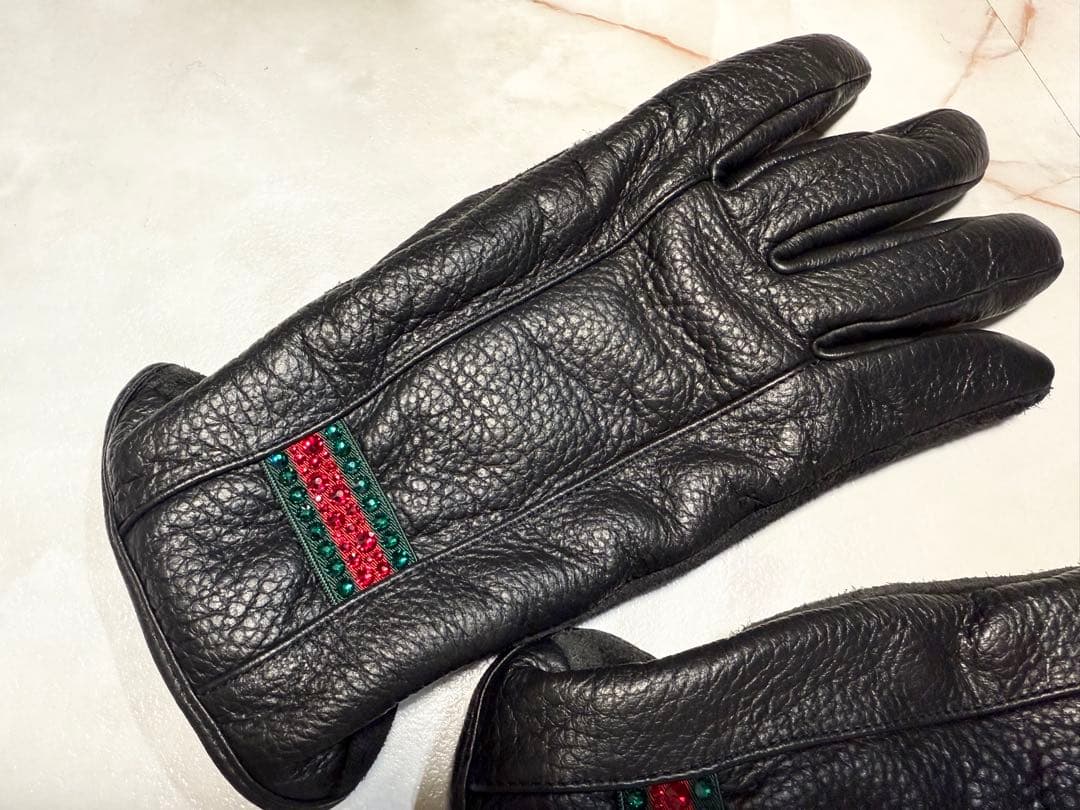 T*】様 GUCCI シェリーライン スワロフスキー レザー　手袋 グローブ本革