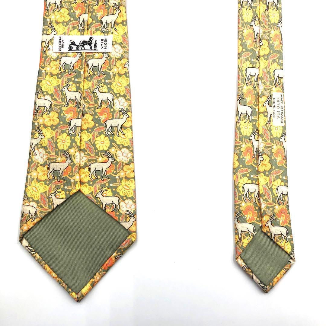 【極美品】HERMES エルメス ネクタイ ヤギ 小紋柄 花 ドット 総柄 高級