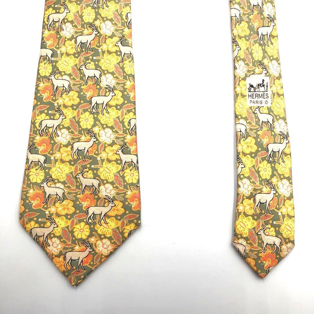 【極美品】HERMES エルメス ネクタイ ヤギ 小紋柄 花 ドット 総柄 高級