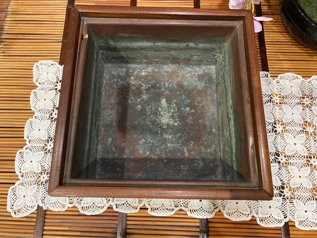 1080＊時代物 銅炉 唐木格子角火鉢 火道具 昭和レトロ 当時物 年代物